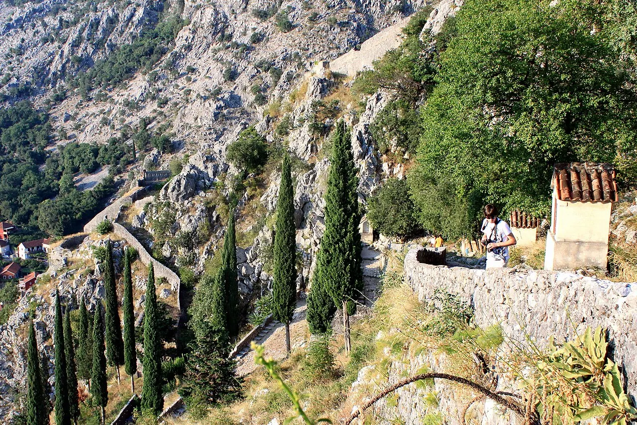 The city-wall path climbing the cliff to the Fortress of St John above Kotor's roofs