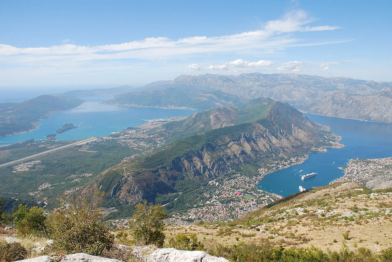 The Bay of Kotor seen from the high Lovcen road, the inner bay and town far below
