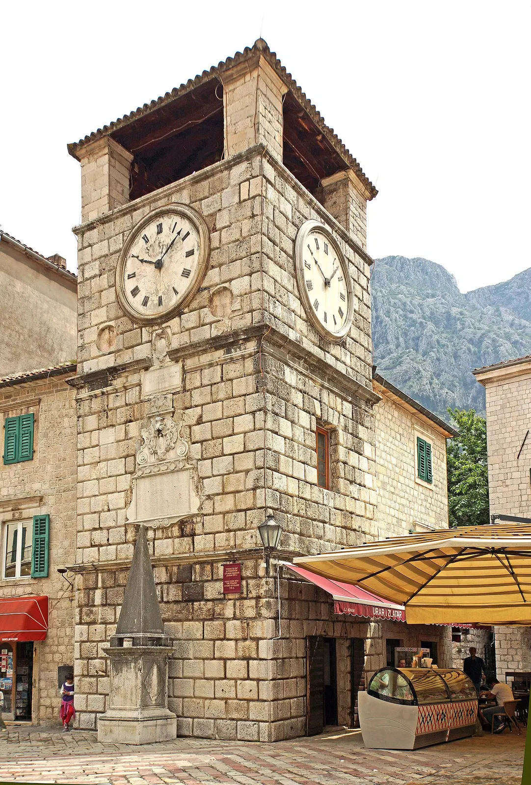 The clock tower on Arms Square in Kotor's Old Town