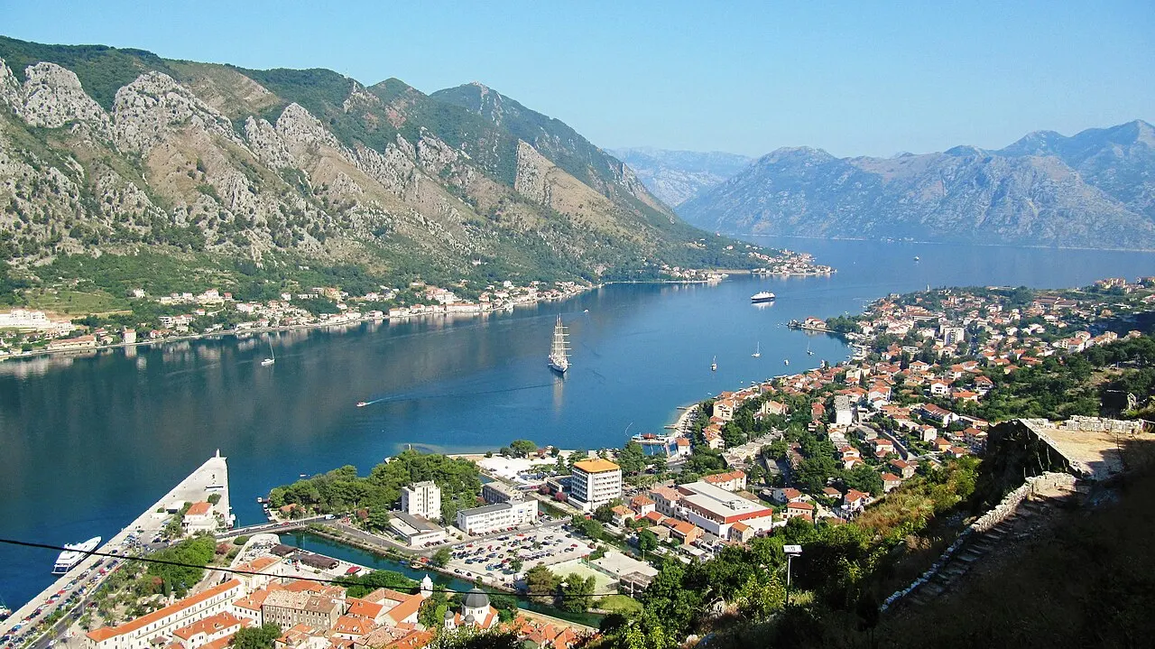 The Bay of Kotor from Muo looking across the water toward Kotor below the mountains