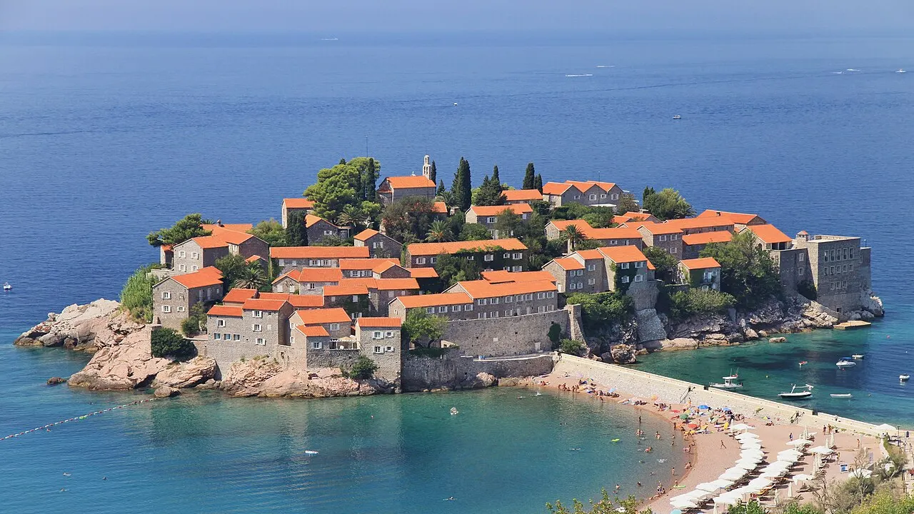 The islet of Sveti Stefan on the Budva riviera coast of Montenegro