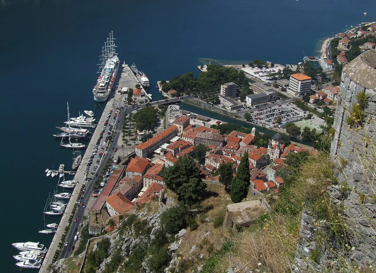 Kotor's small walled Old Town and the bay seen from the city walls above