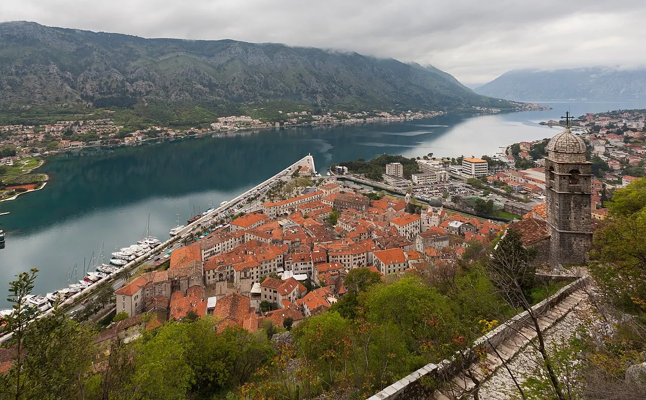 Kotor at the sheltered head of the Bay of Kotor beneath its mountain, Montenegro
