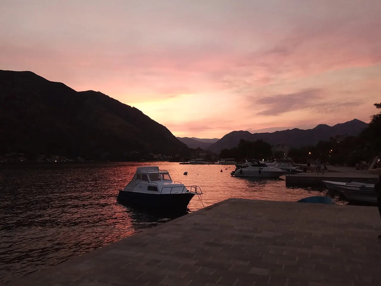 The Old Town and Bay of Kotor glowing at dusk, Montenegro