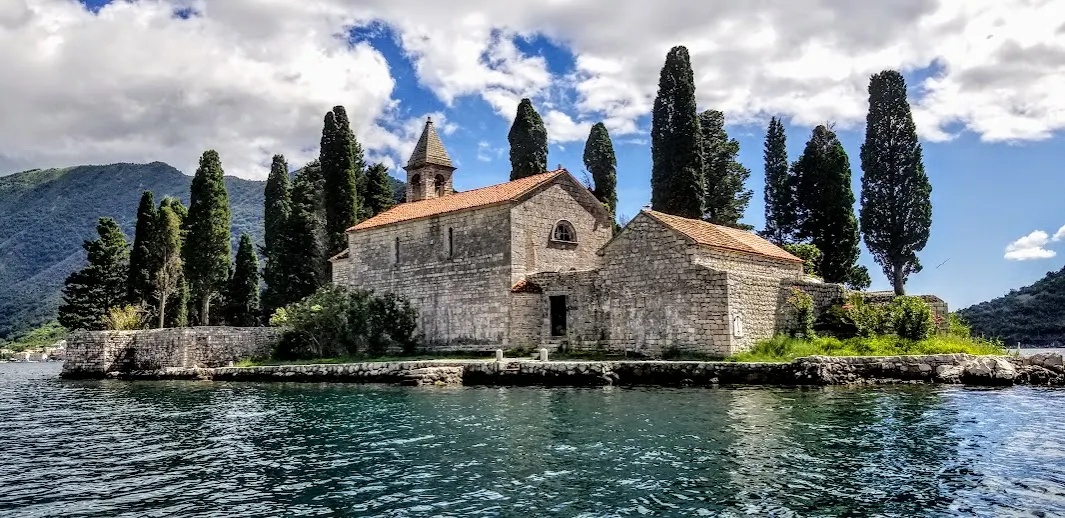 The Church of Our Lady of the Rocks on its islet in the Bay of Kotor