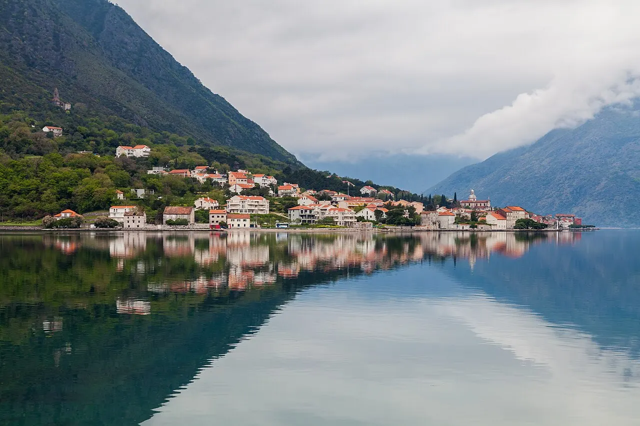 Green spring hillsides above the Bay of Kotor near Dobrota and Prcanj