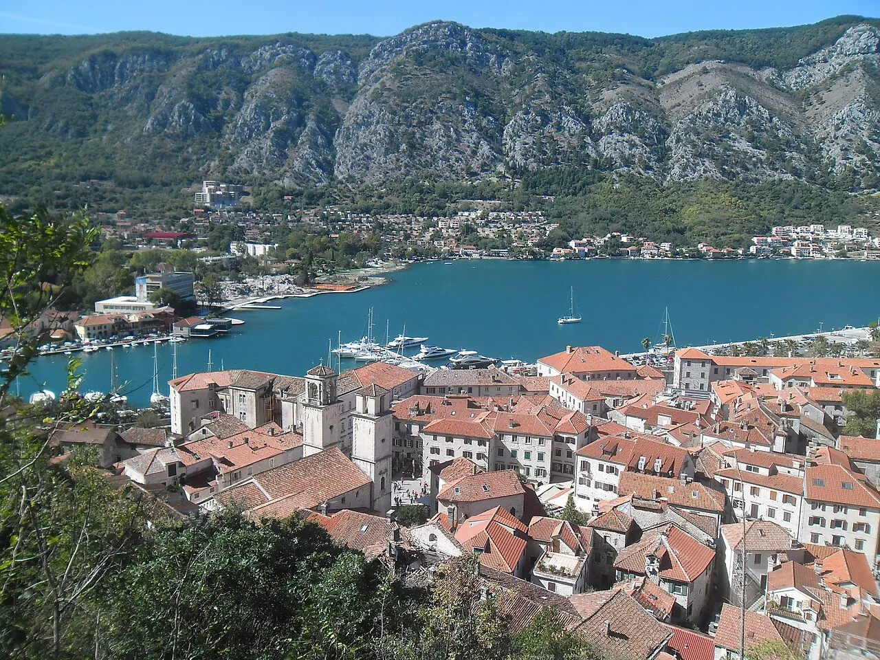 The walled Old Town of Kotor and the bay below the surrounding mountains