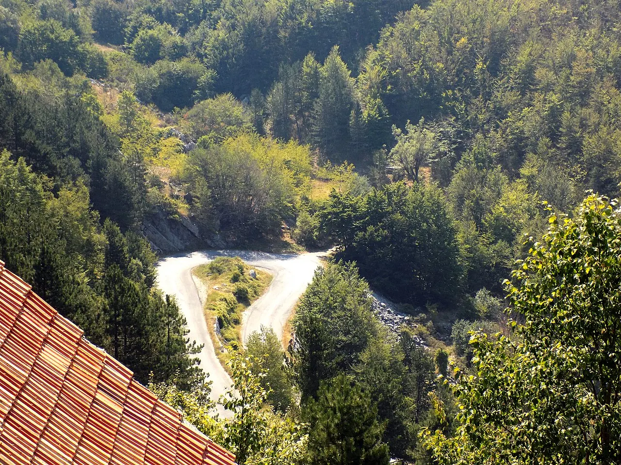 Hairpin serpentines of the R-1 road descending from Lovcen toward Kotor