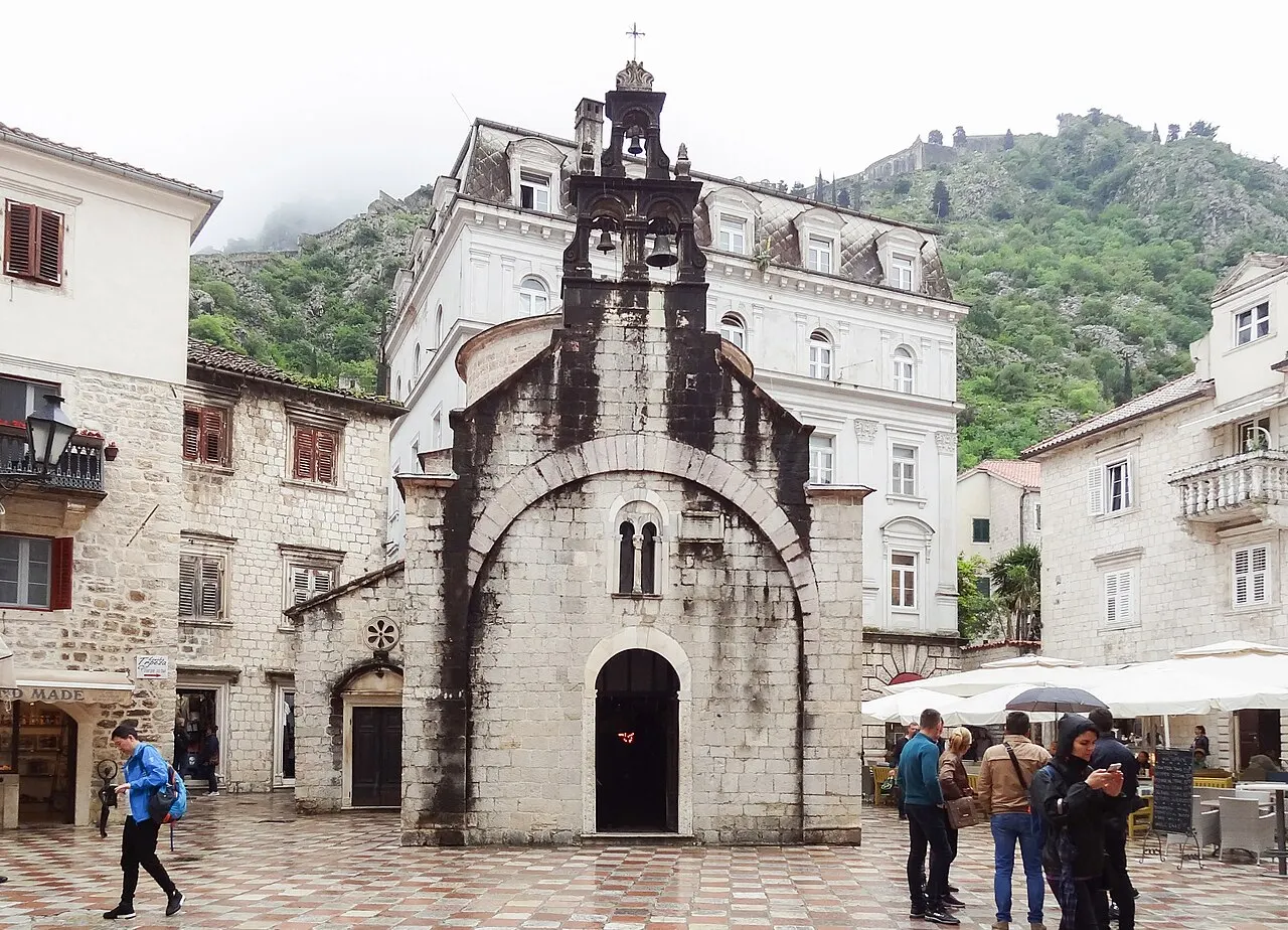 The small Romanesque stone Church of St Luke on its quiet square in Kotor's Old Town