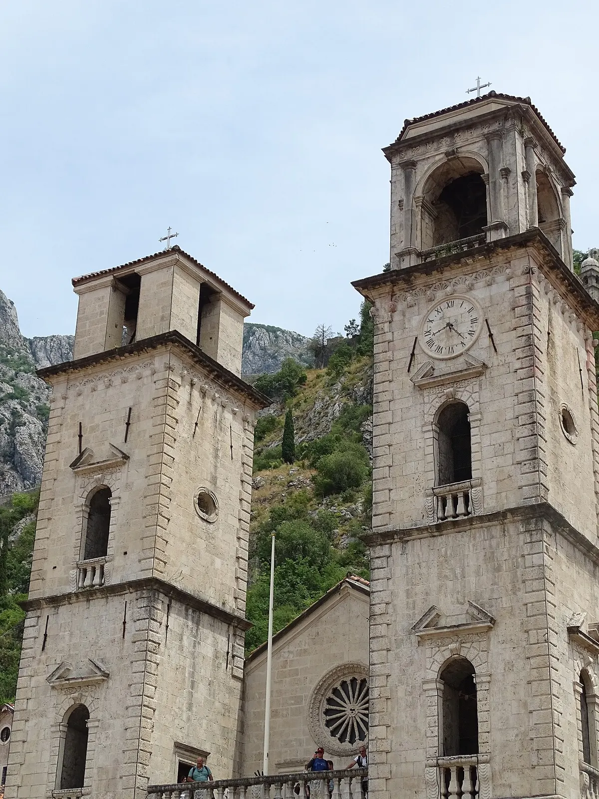 The twin Romanesque towers of St Tryphon Cathedral above its square in Kotor