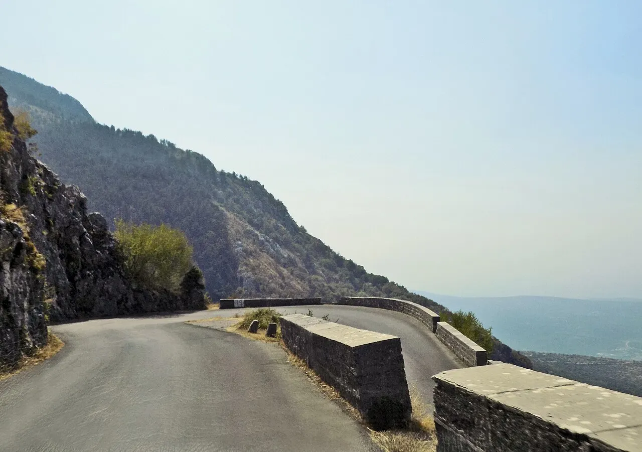 The serpentine R-1 mountain road climbing out of the Bay of Kotor toward Lovćen