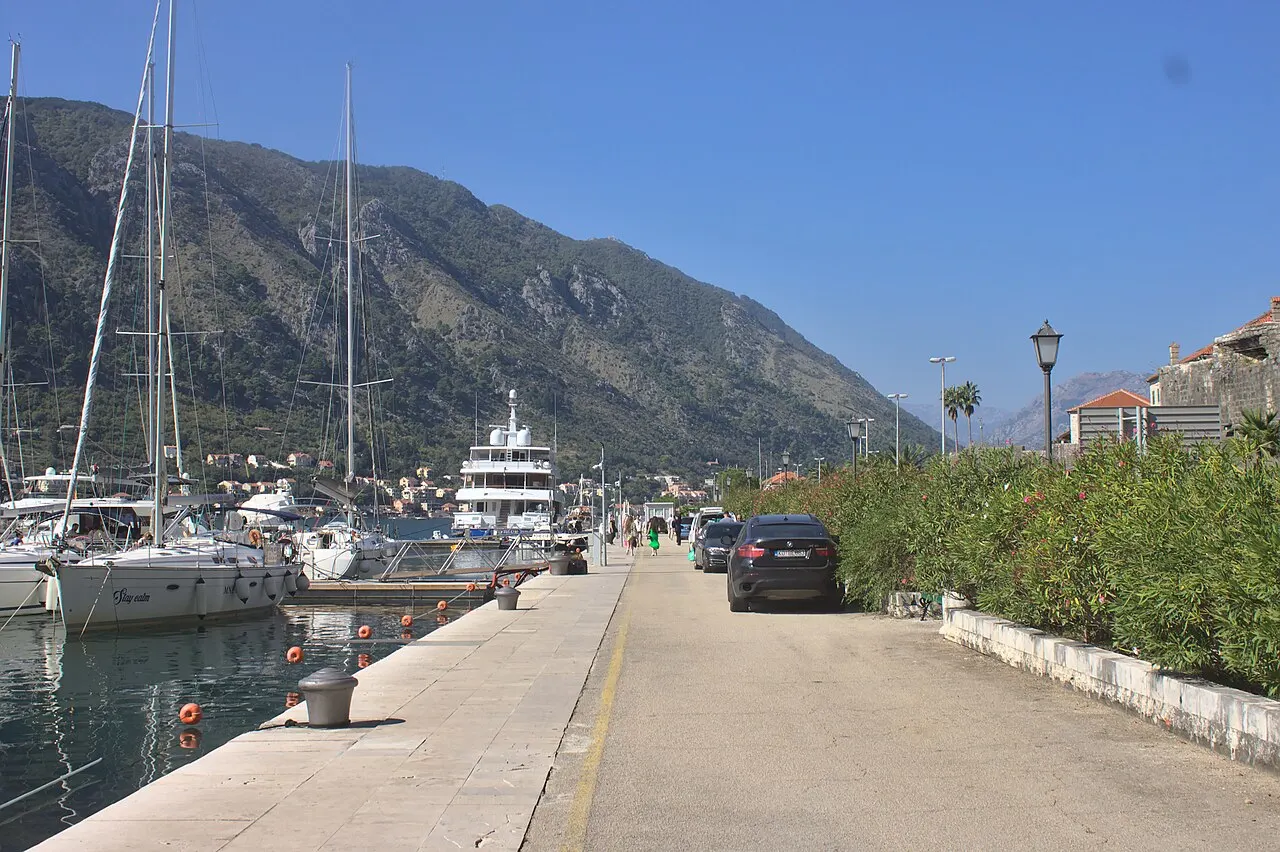 The waterfront promenade beside Kotor's port, just outside the Old Town walls