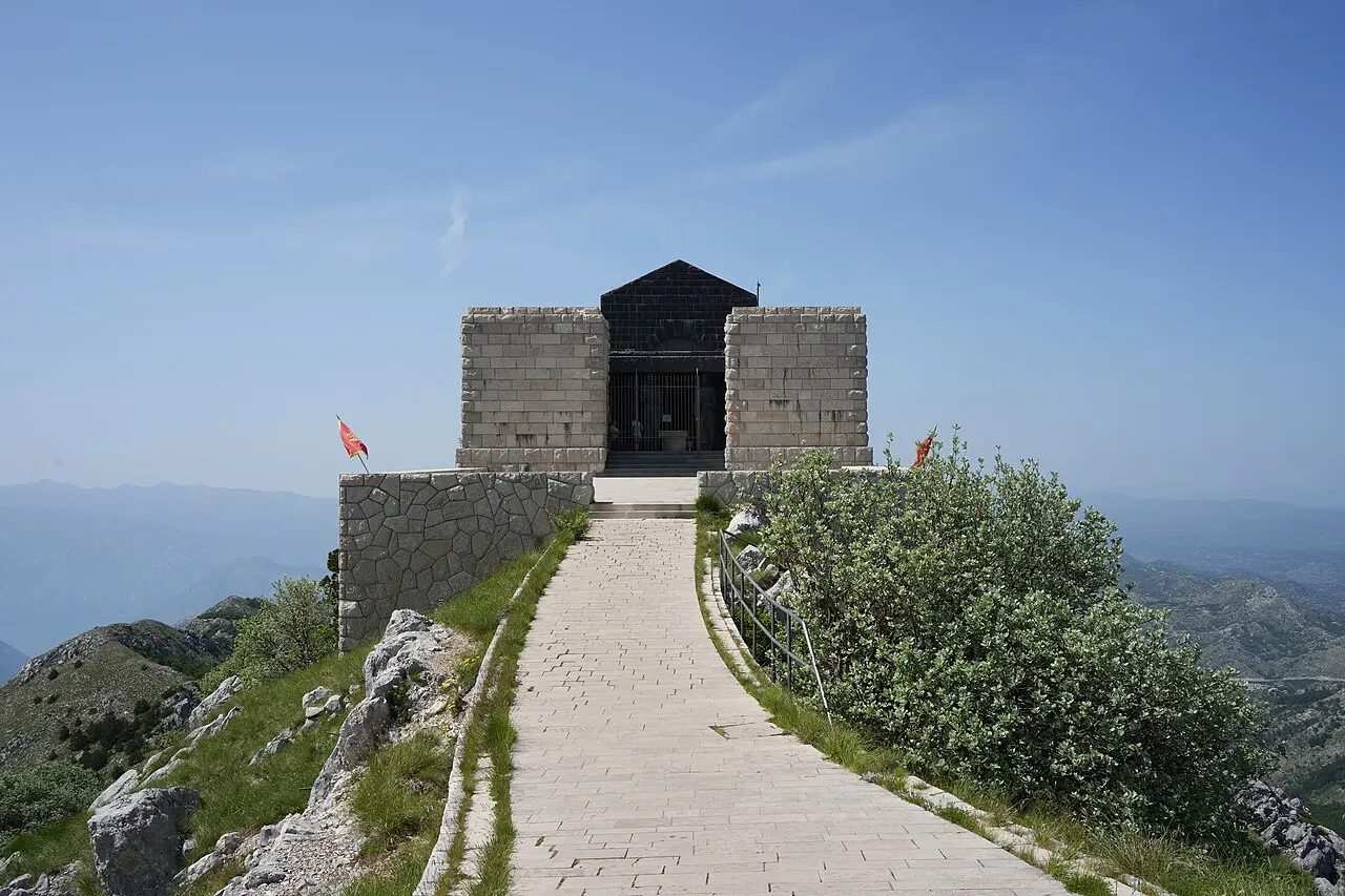 The Njegos Mausoleum on its Lovcen peak with the stone path leading up to it