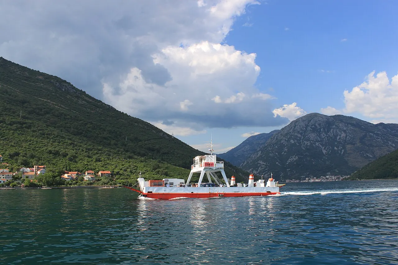 The Kamenari-Lepetane car ferry crossing the narrow mouth of the Bay of Kotor, Montenegro