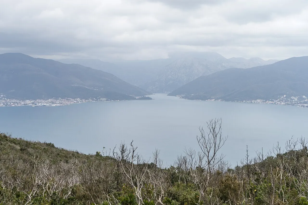 Green Lustica peninsula slopes above the clear water at the mouth of the Bay of Kotor, Montenegro