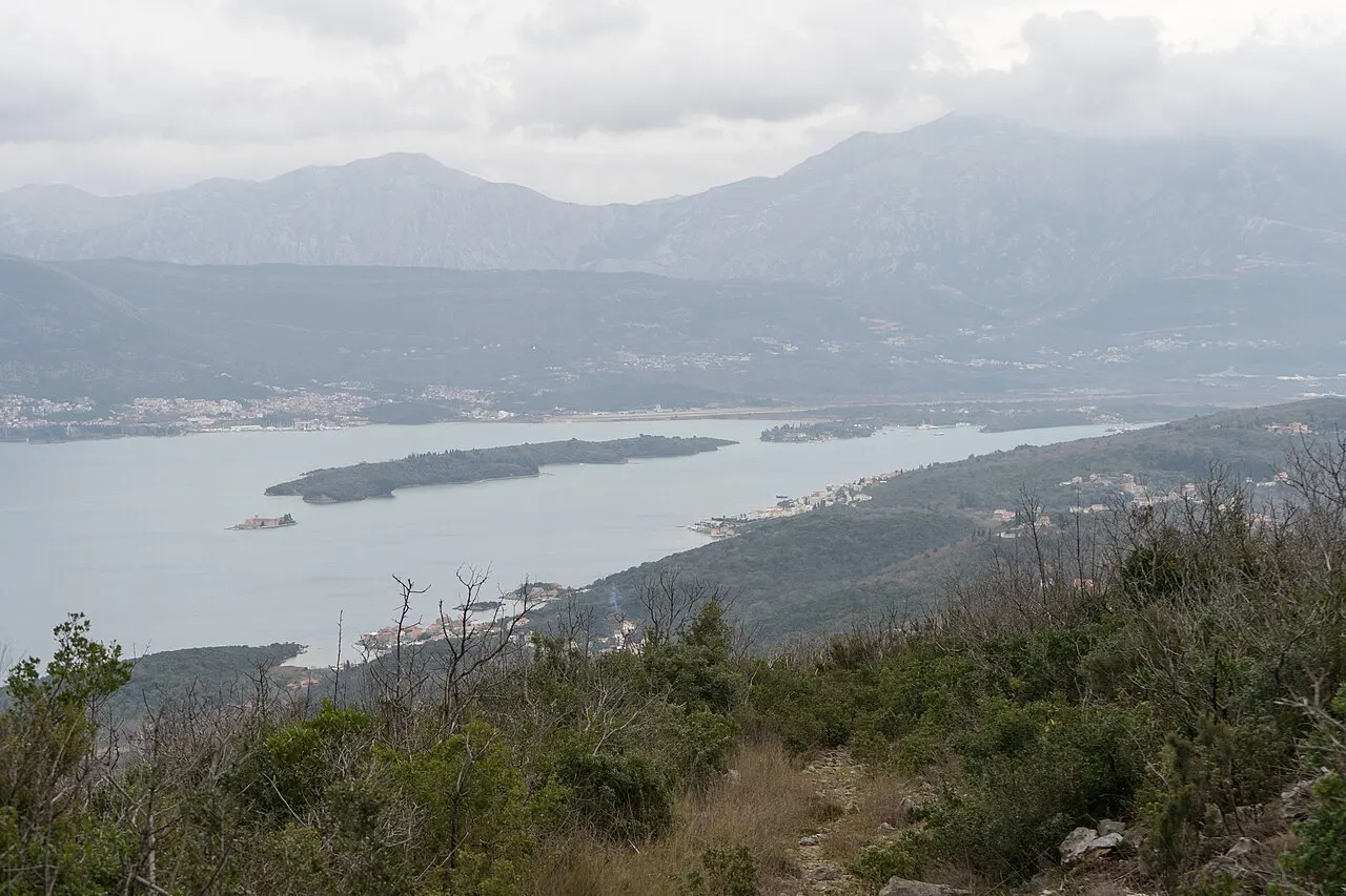 Clear blue water below the green hills of the Lustica peninsula, Bay of Kotor, Montenegro