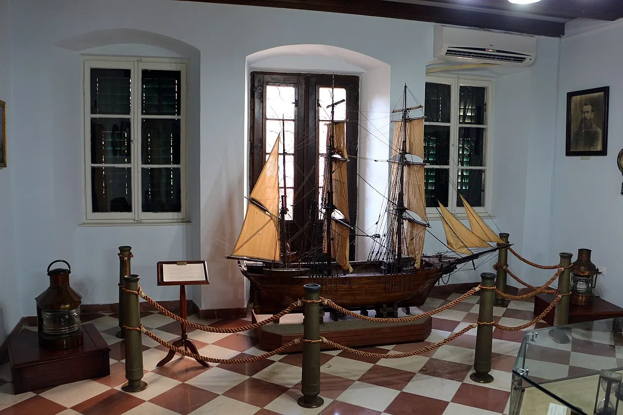 A large fully rigged model sailing ship displayed in the Maritime Museum