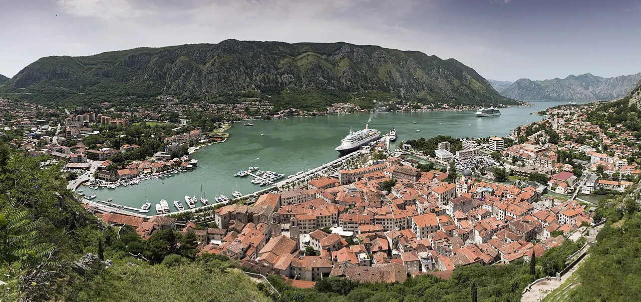The walled old town of Kotor at the head of the Bay of Kotor, seen from above