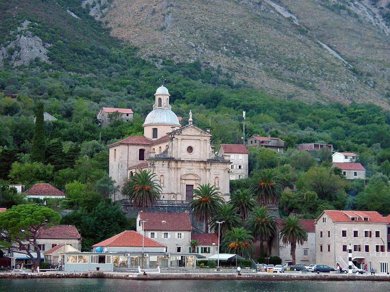 The monumental waterfront basilica of Prčanj rising above the bay shore