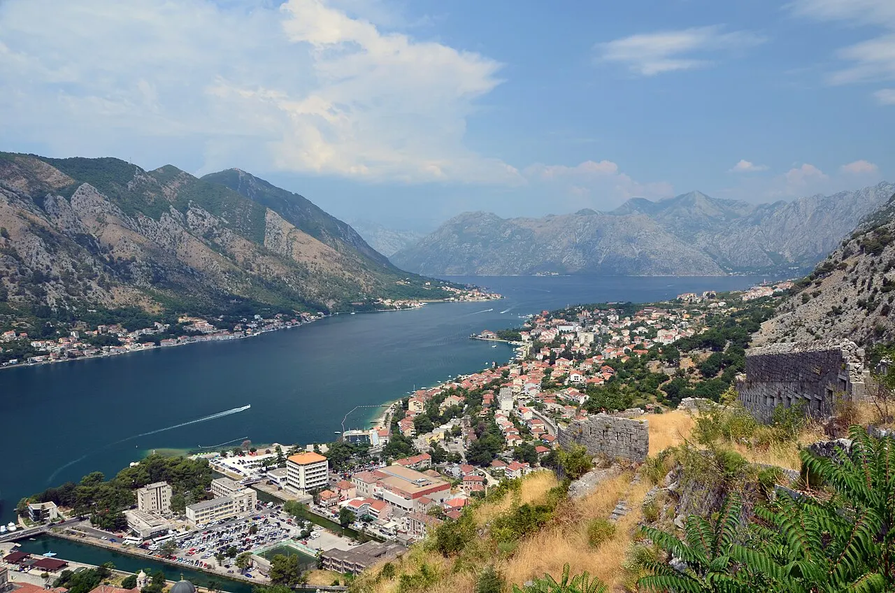 The inner Bay of Kotor with the Old Town, Dobrota shore and villages opposite, seen from the fortress path