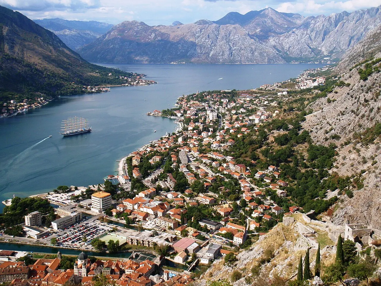High roadside viewpoint over Kotor and the inner Bay of Kotor, the town and bay spread out far below