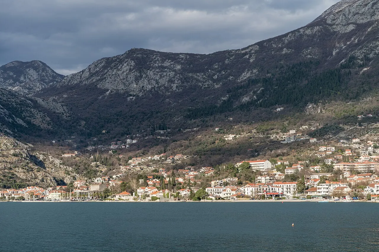 The low bayfront town of Risan on the northern shore of the Bay of Kotor