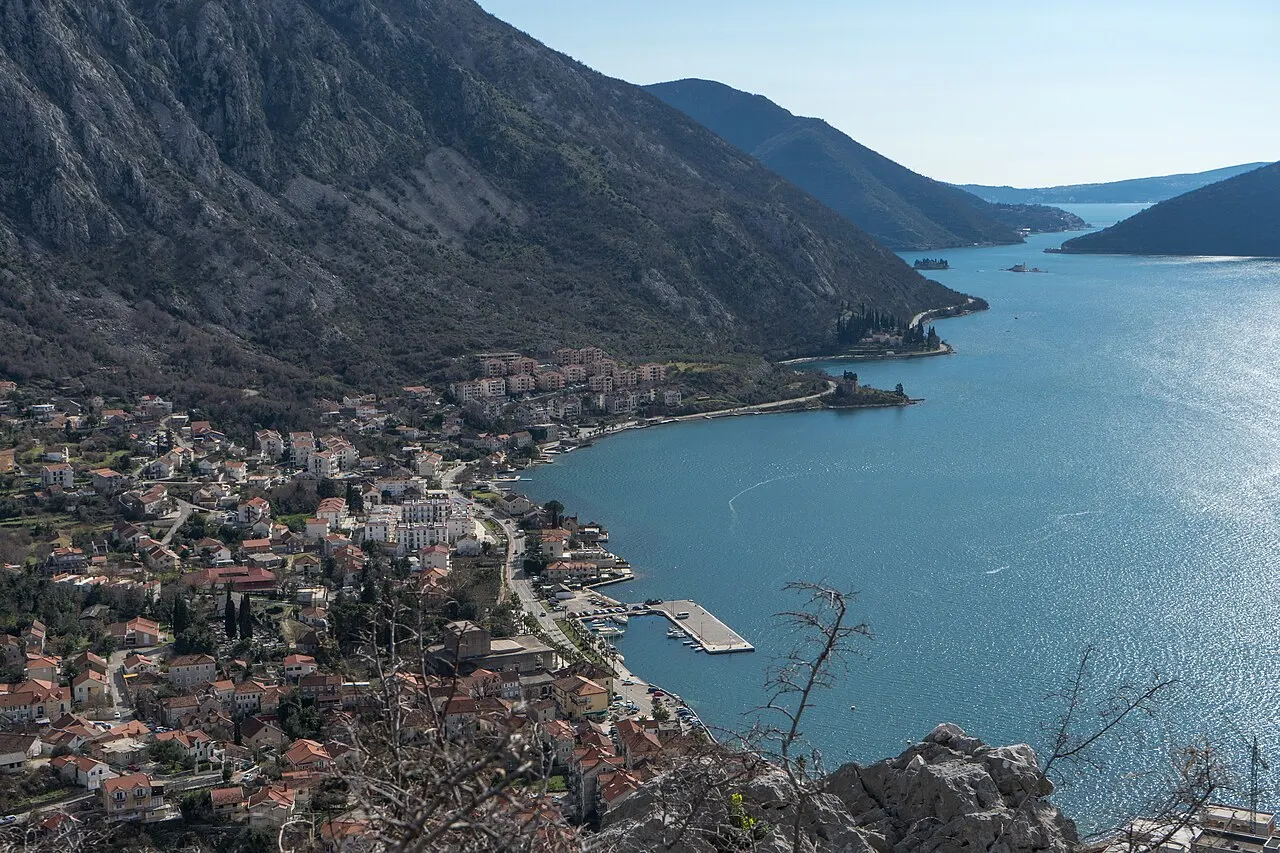The deep northern reach of the Bay of Kotor at Risan, ringed by steep mountains
