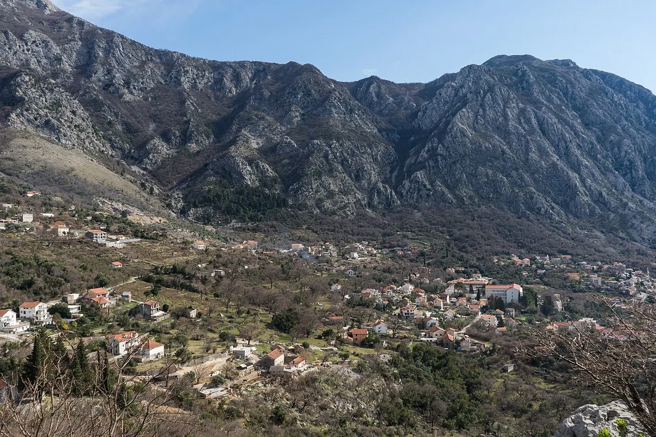 Risan spread along the northern shore of the Bay of Kotor, seen from Gradina hill