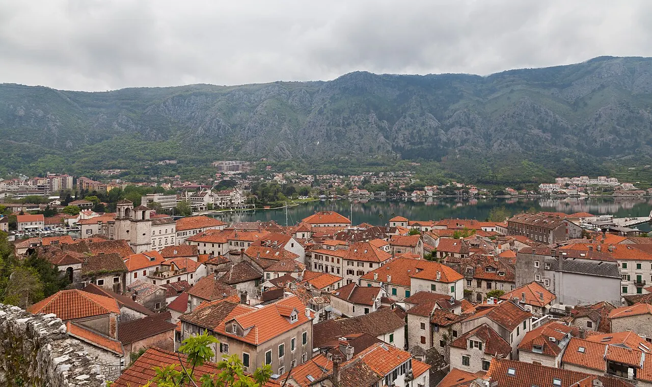 Kotor's rooftops and the bay below from the climb up to St John Fortress