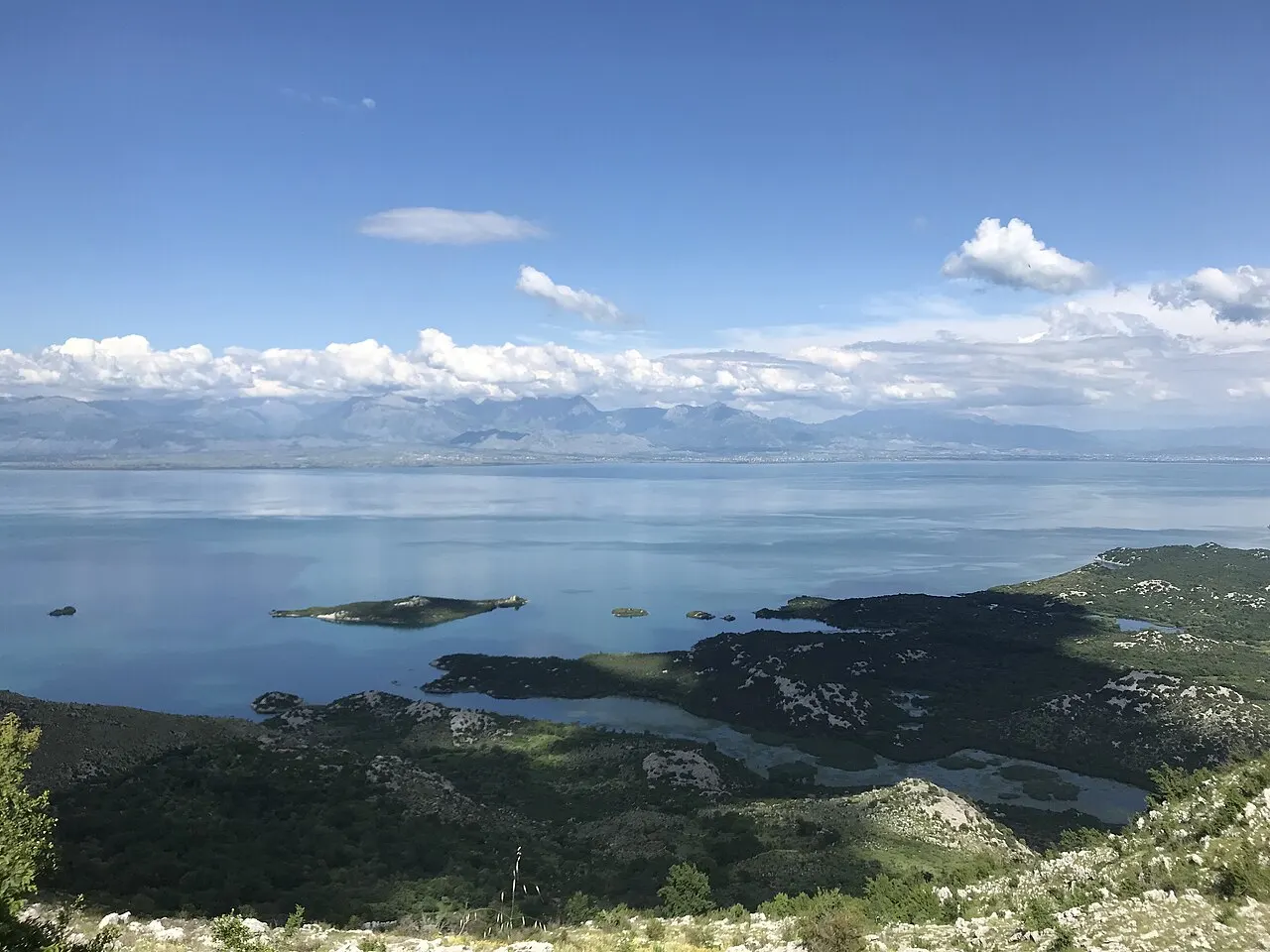 Lake Skadar with reed-fringed islets and wetland in the foreground, green hills and mountains beyond