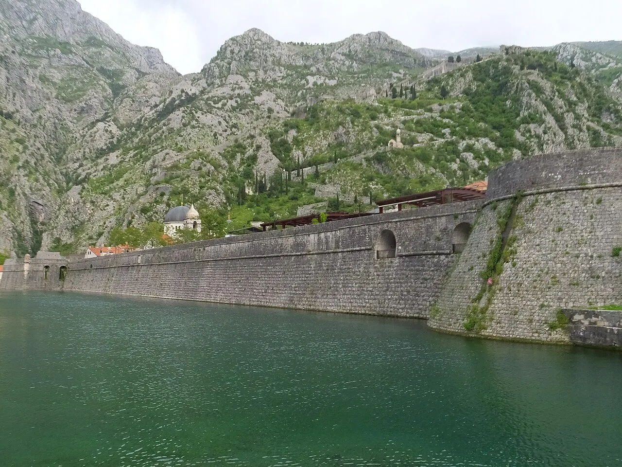 Kotor's fortification wall switchbacking up the cliff above the Old Town toward St John Fortress