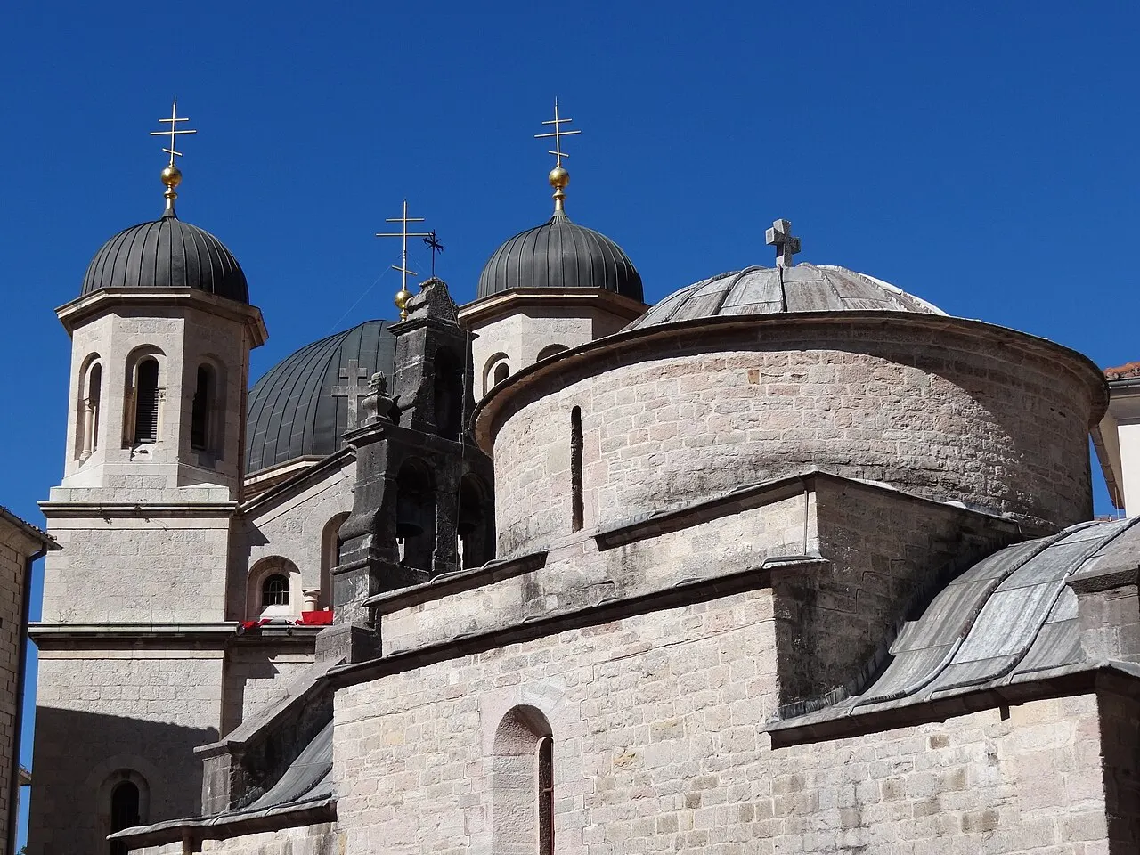 St Luke's Square in Kotor, the tiny St Luke's beside the larger towered St Nicholas's church