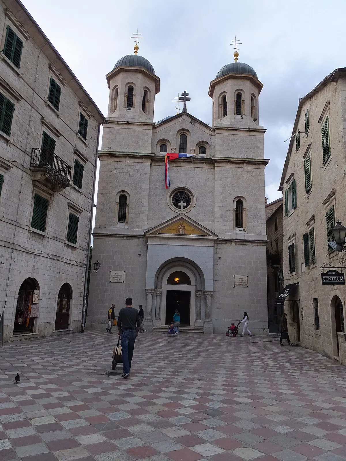Facade and towers of the Serbian Orthodox Church of St Nicholas in Kotor's Old Town