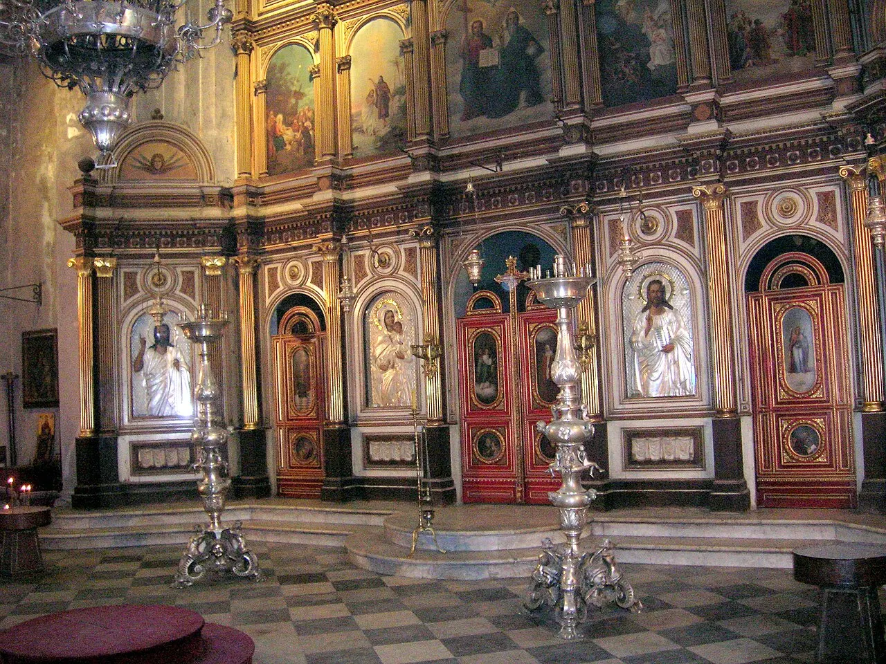 Icons on the altar screen inside the St Nicholas Orthodox church in Kotor