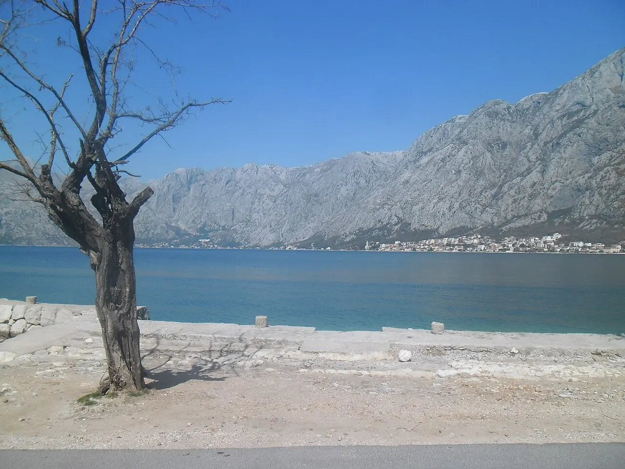 The view from Prcanj across the bay toward Kotor beneath its cliffs