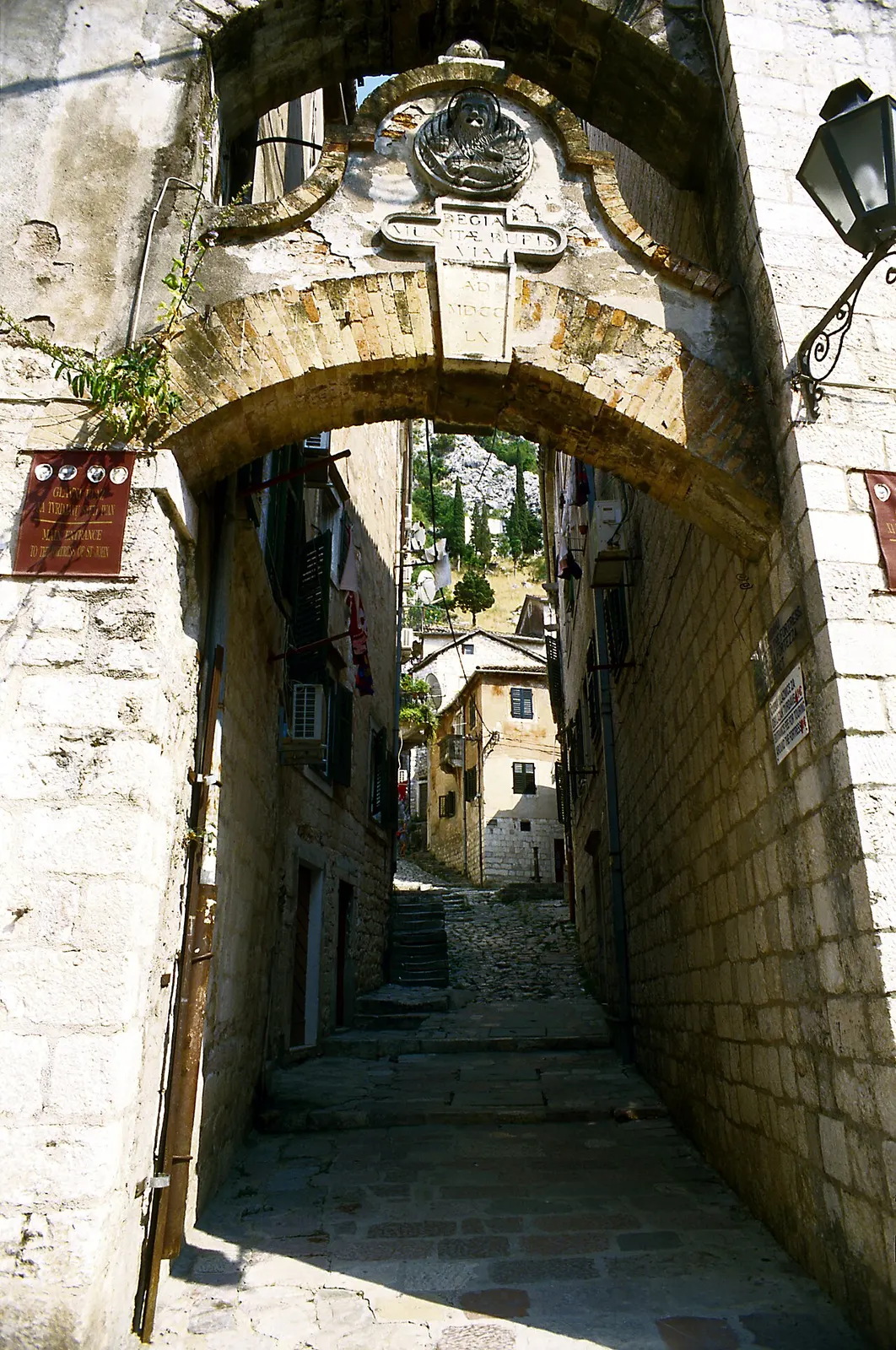 Old Town lane in Kotor leading to the stone stairs that climb to the fortress