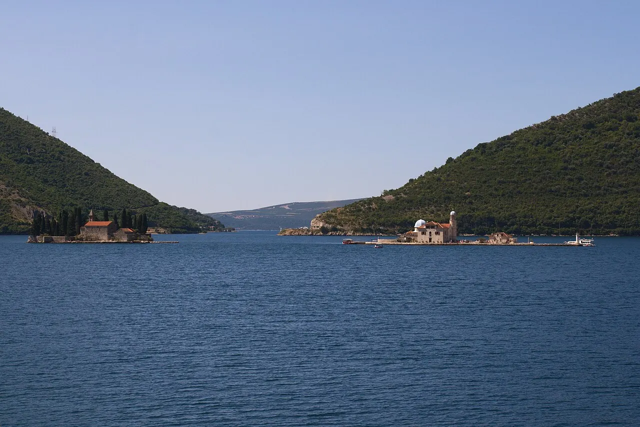 The two islands off Perast, Our Lady of the Rocks and Sveti Djordje, in the Bay of Kotor