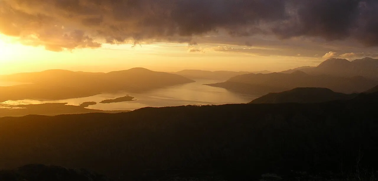 The Bay of Kotor at dusk seen from the waterfront, Montenegro